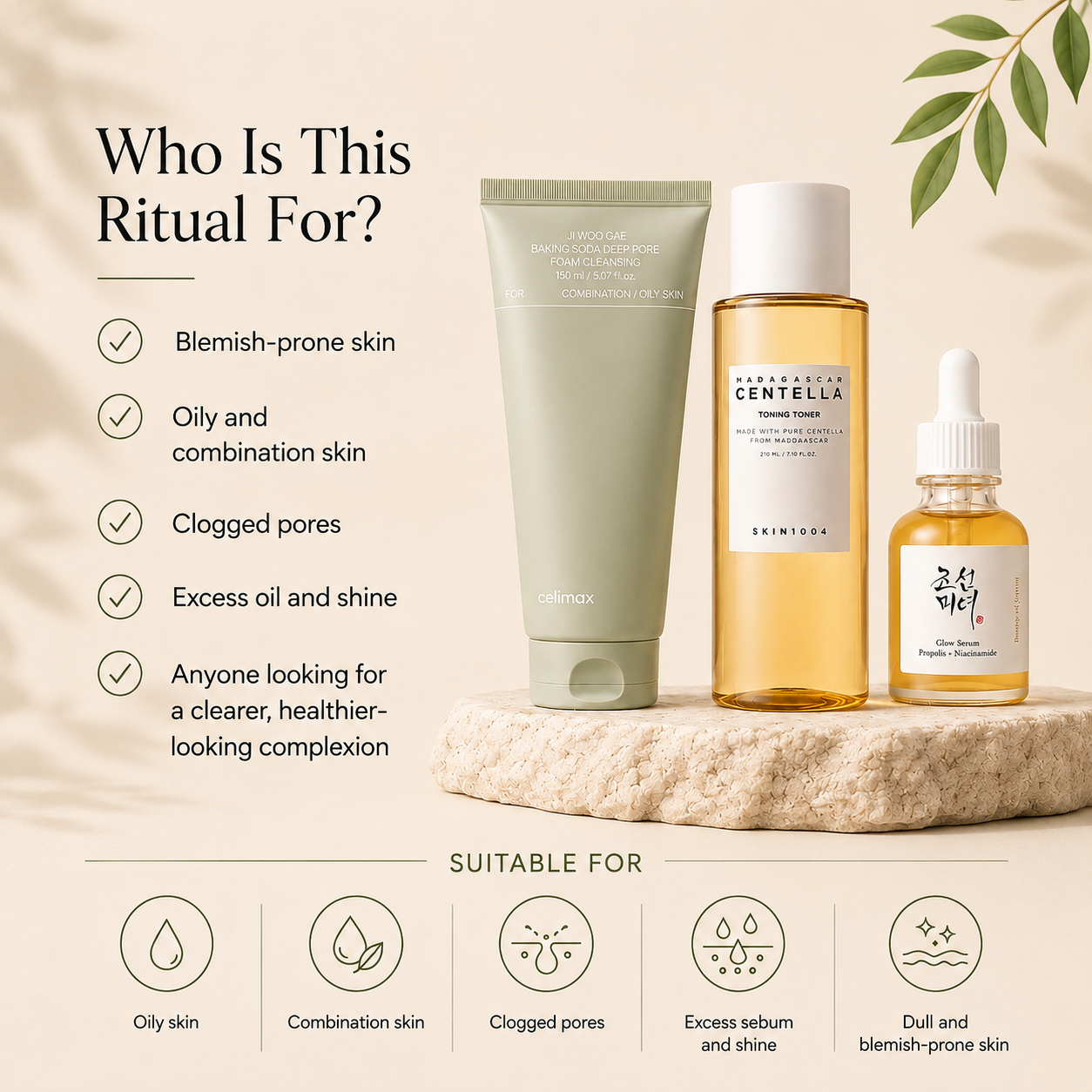 Korean skincare routine designed for oily, acne-prone and blemish-prone skin with enlarged pores and excess sebum.