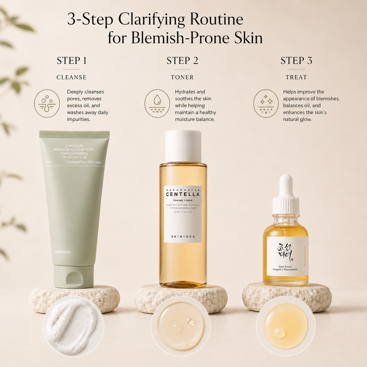 Morning and evening skincare routine showing the correct order of cleanser, toner and serum application.