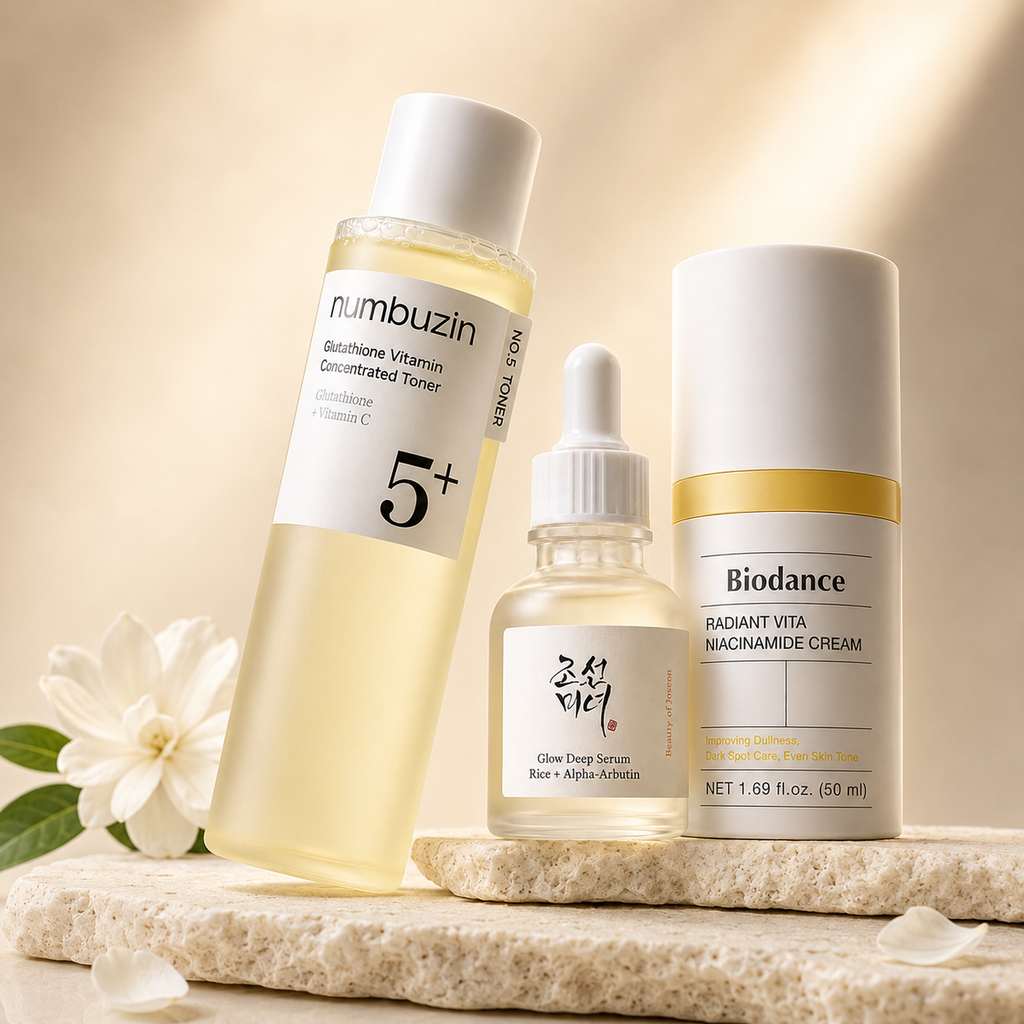 The Dark Spot Recovery Ritual Korean skincare set with, toner, serum and cream for dark spots and uneven skin tone.