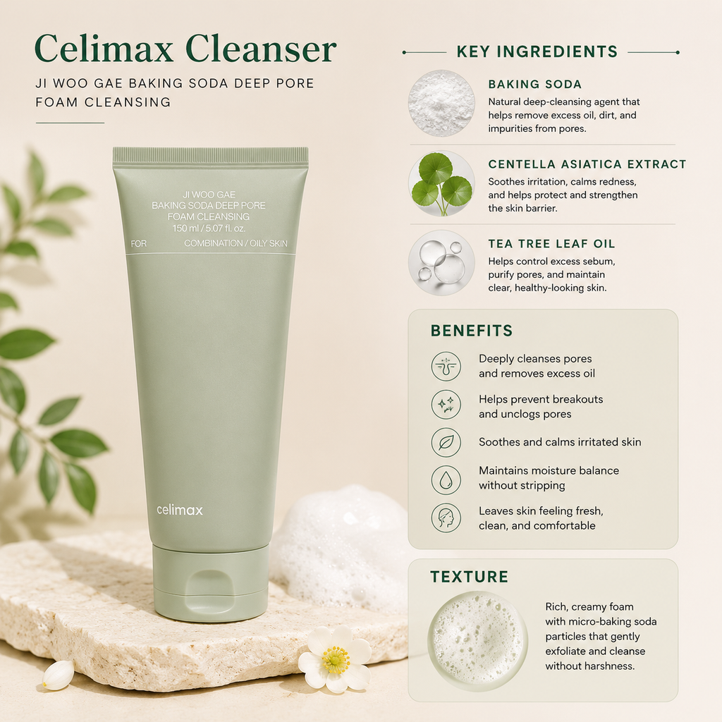 A tube of Celimax Cleanser deep pore foam shown on a beige background with ingredient callouts, benefits, and texture details. The tube is a pale sage green, and the layout includes text about baking soda, centella asiatica extract, and tea tree leaf oil.