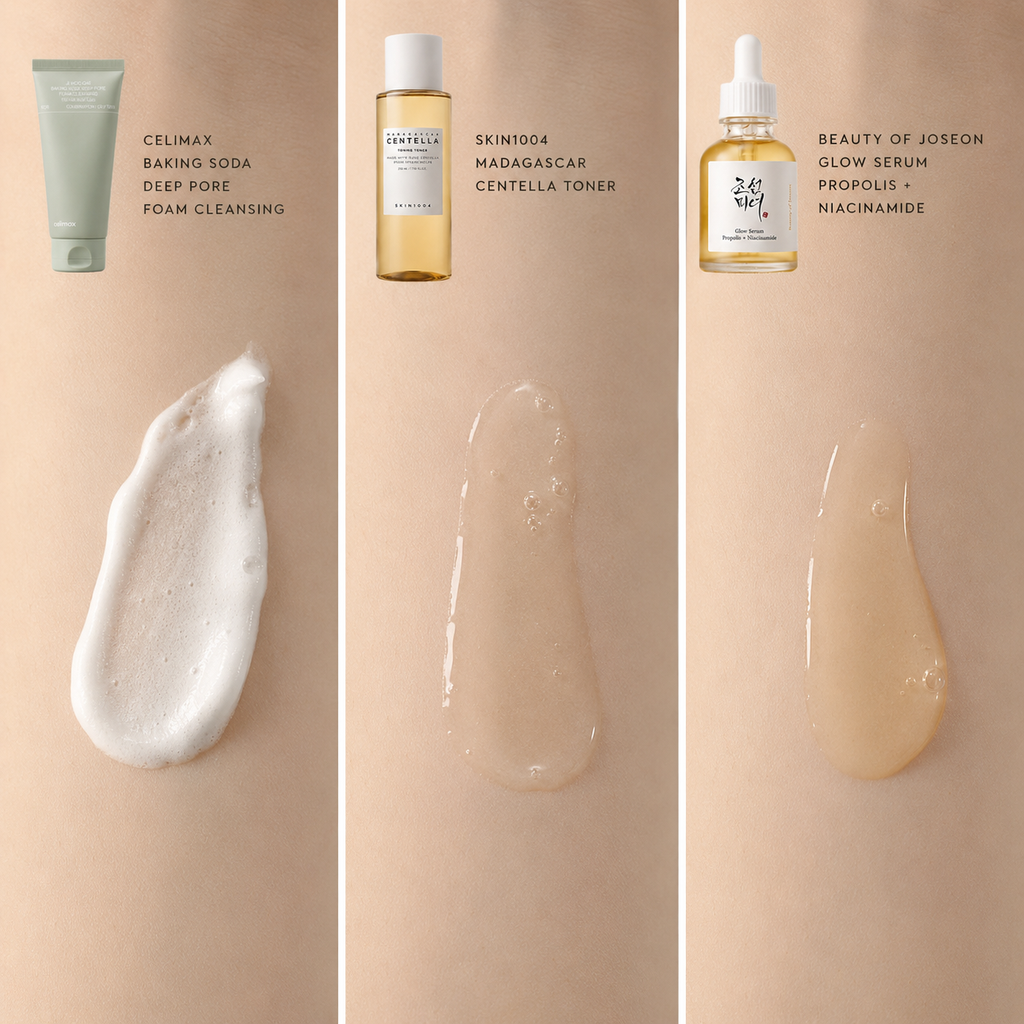 Lightweight cleanser, watery Centella toner and nourishing glow serum textures for daily Korean skincare.