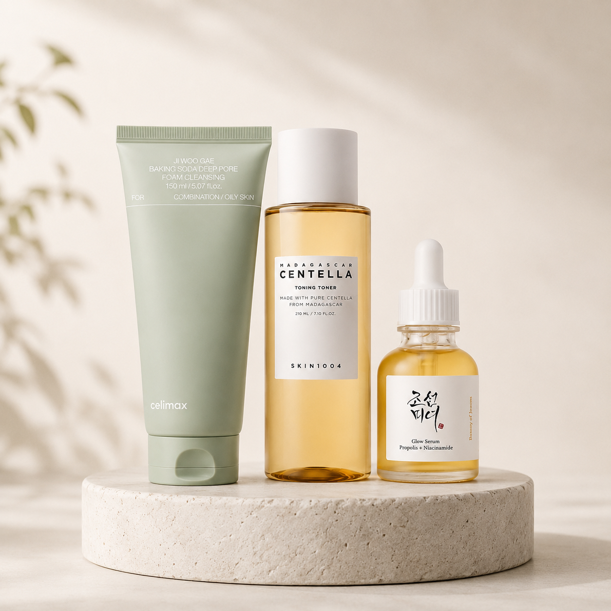 The Blemish Control Ritual Korean skincare set with cleanser, toner and serum for blemish-prone skin.