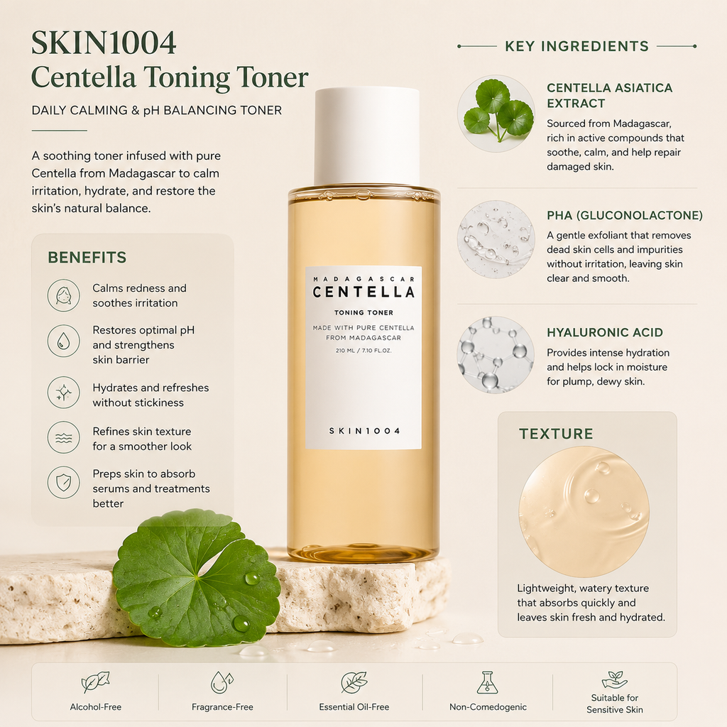 A bottle of SKIN1004 Centella Toning Toner centered on a beige infographic background with ingredient callouts, benefits text, and texture imagery. The bottle is frosted with a warm golden-amber tint and has a white cap.