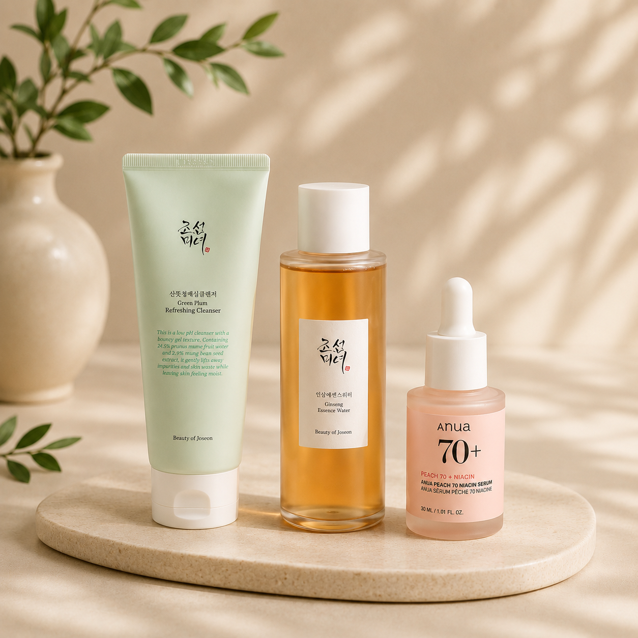The Glass Skin Ritual Korean skincare set with cleanser, essence and serum for hydrated, glowing skin.
